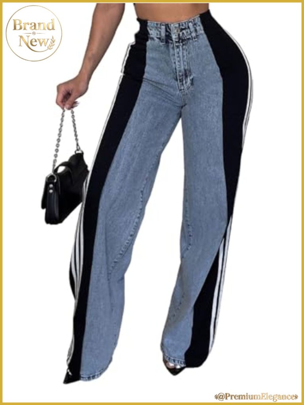 High Waisted Wide Leg Stretch Jeans for Women Striped Patchwork Denim Pants